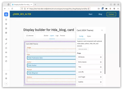 Display Builder UI with expanded settings pane with props