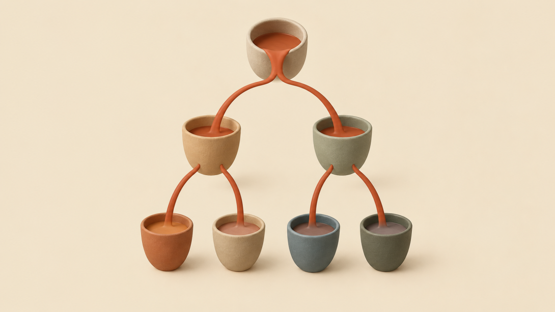 A cascade of cups, puring into another.