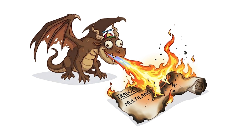 Cartoon dragon with a propeller cap burning a scroll labelled Traduction and Multilang