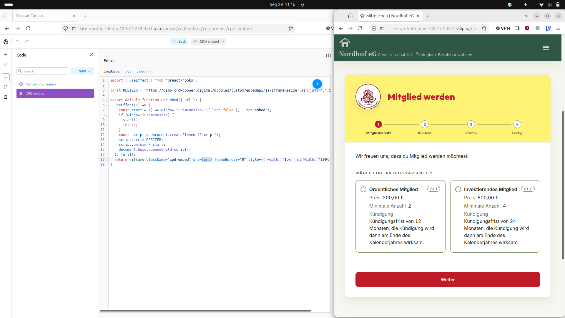 Canvas code editor with the CPD embed component, whose JavaScript loads the CrowdPower iframe resizer script, next to the Mitmachen page showing the CrowdPower form Mitglied werden