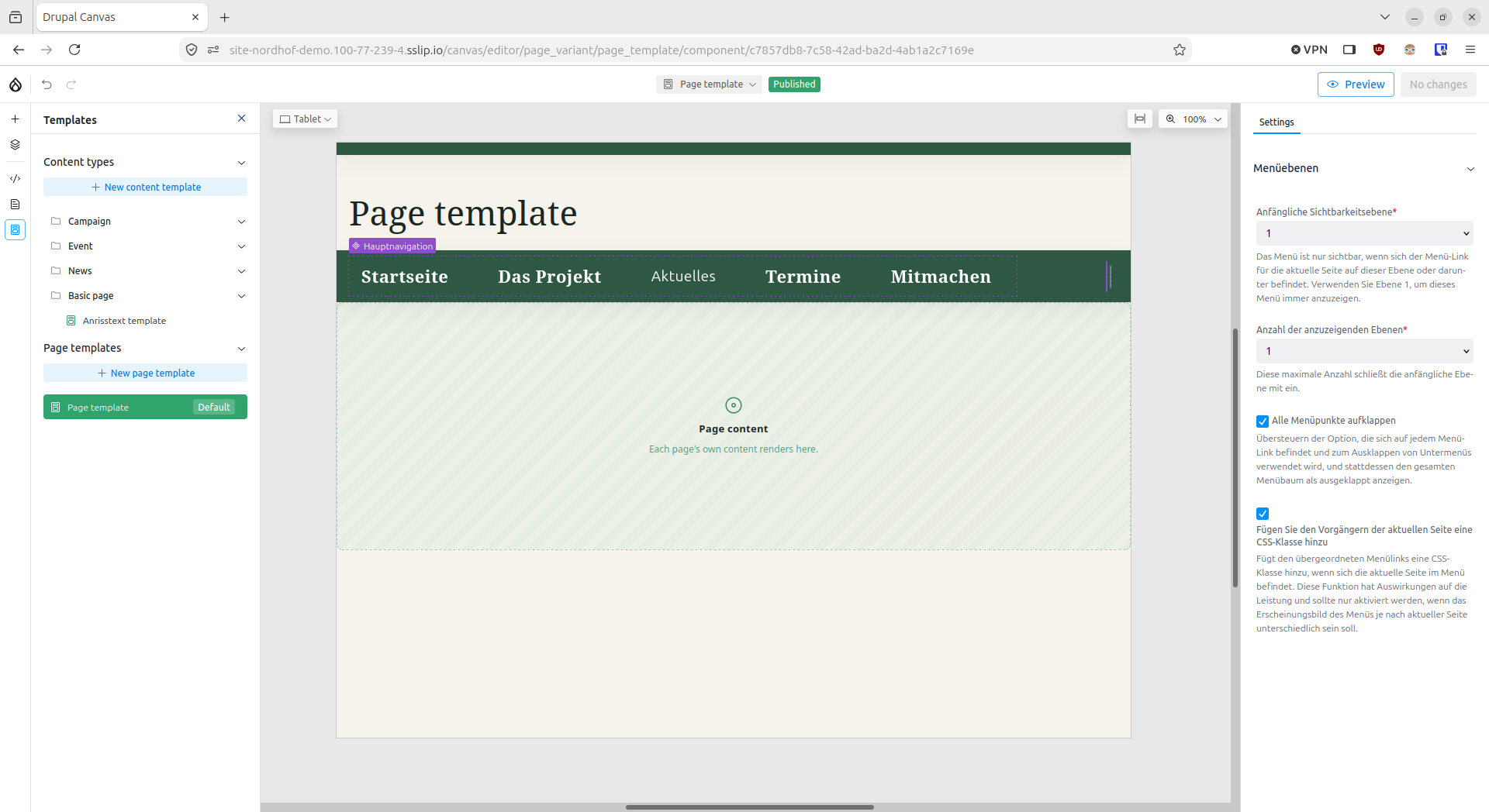 Canvas 1.11 page template editor: Nav with the main menu block selected and its menu level settings, page content marker