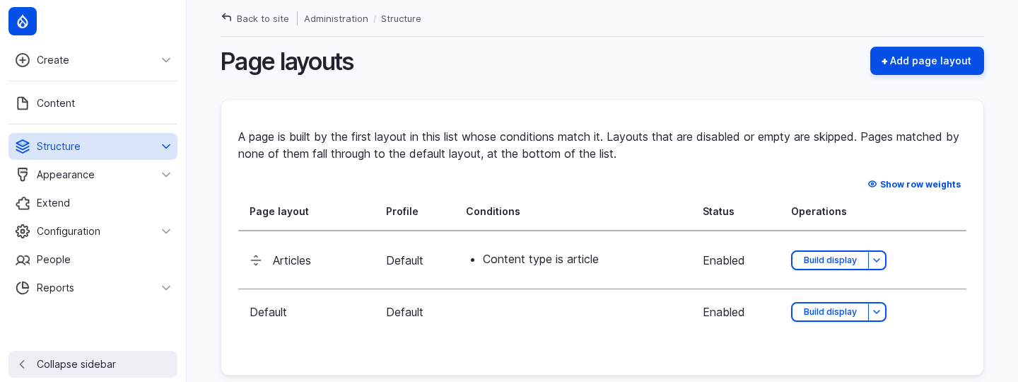 Display Builder page layouts list in the Gin admin theme: an Articles layout with a content type condition above the Default layout