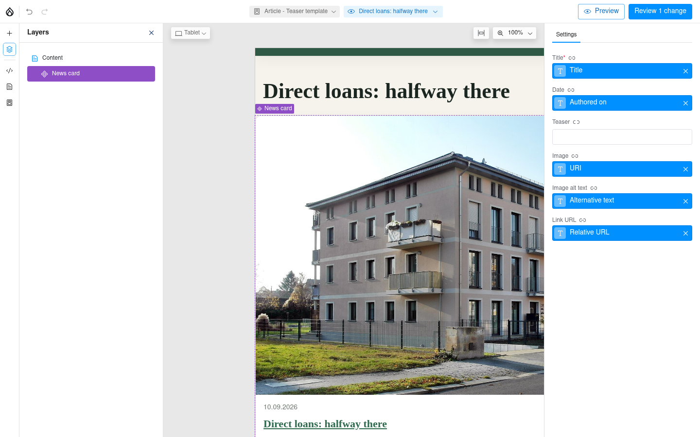 Canvas Article teaser content template: News card props mapped to Title, Authored on, image URI, alt text and relative URL