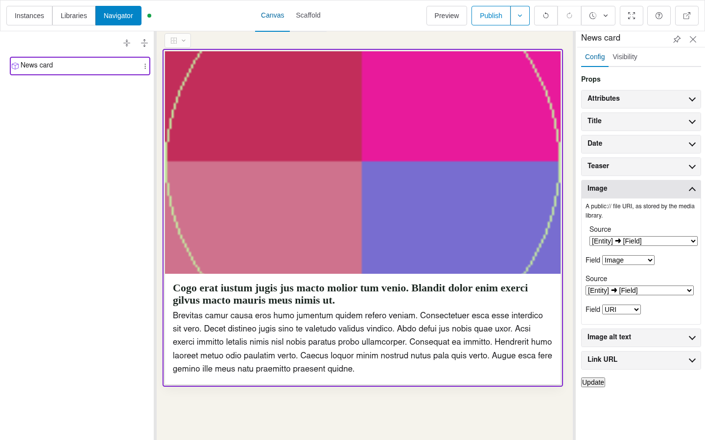 Display Builder Article teaser display: News card with the image prop drilled from the Image field to the file URI