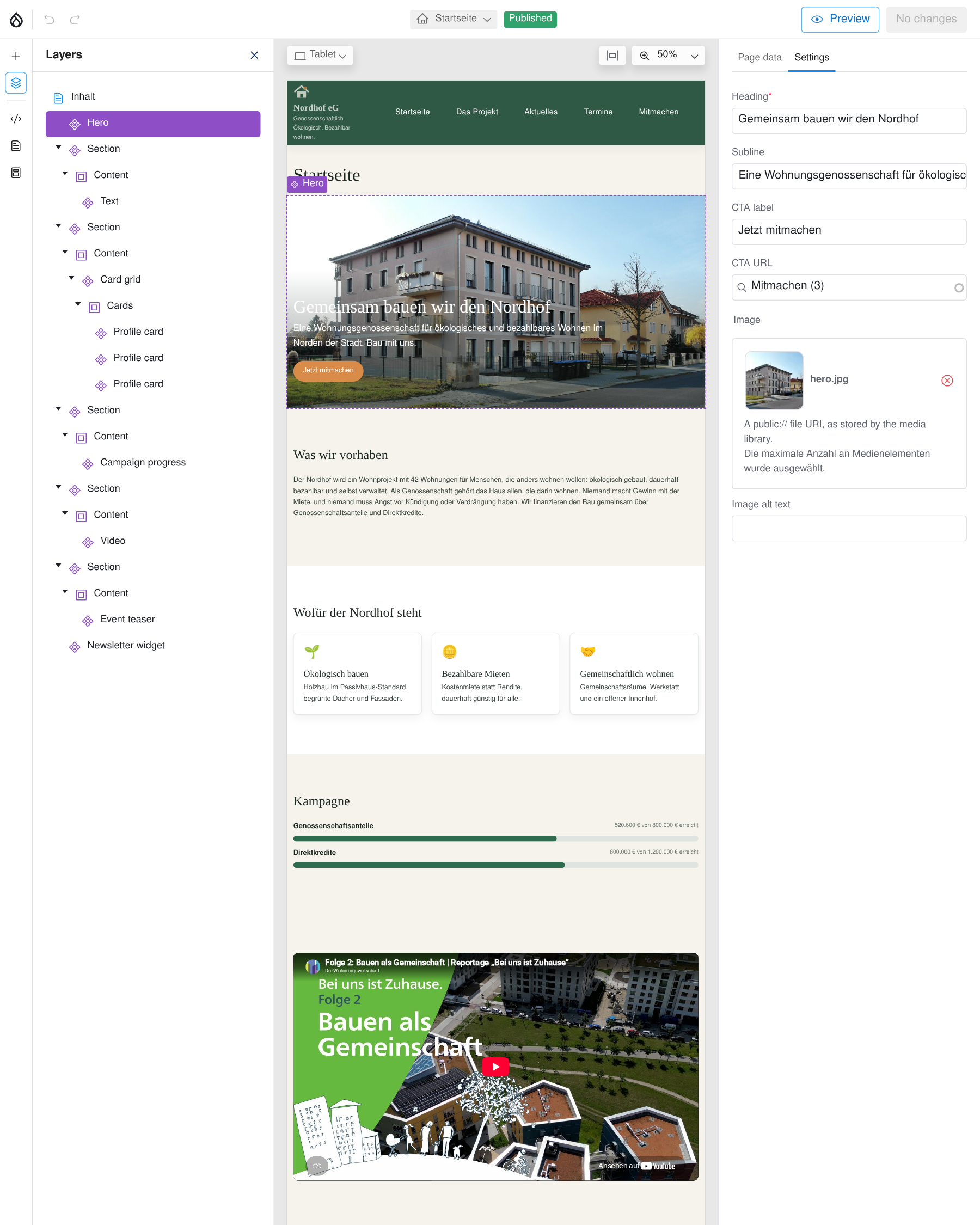 Canvas editor with the Nordhof frontpage: layer tree with Hero selected, the page preview with the hero outlined, and the Hero form in the sidebar with hero.jpg in the media library widget