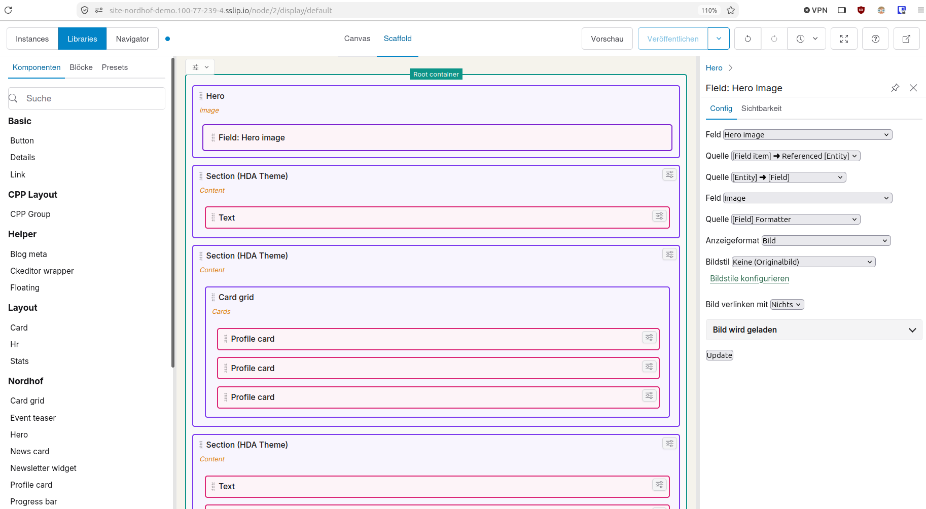 Display Builder editing the frontpage override in the Scaffold view: the Libraries panel with the Nordhof SDCs, the Hero with its Hero image field on top of the tree, and the field source form for Hero image in the sidebar